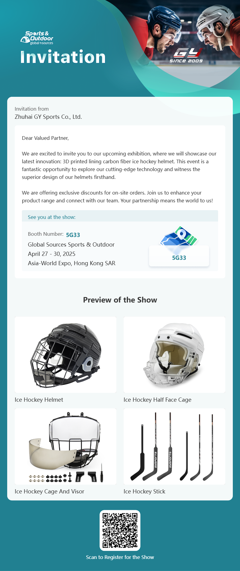 GY Global Sources Sports & Outdoor, 27–30 апреля 2025 г., Asia-World Expo, САР Гонконг, номер стенда. 5Г33